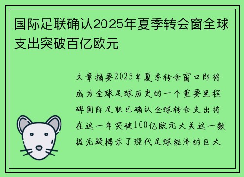 国际足联确认2025年夏季转会窗全球支出突破百亿欧元